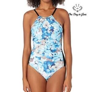 Calvin Klein Solid High Neck Pleated One Piece Swimsuit Size 8